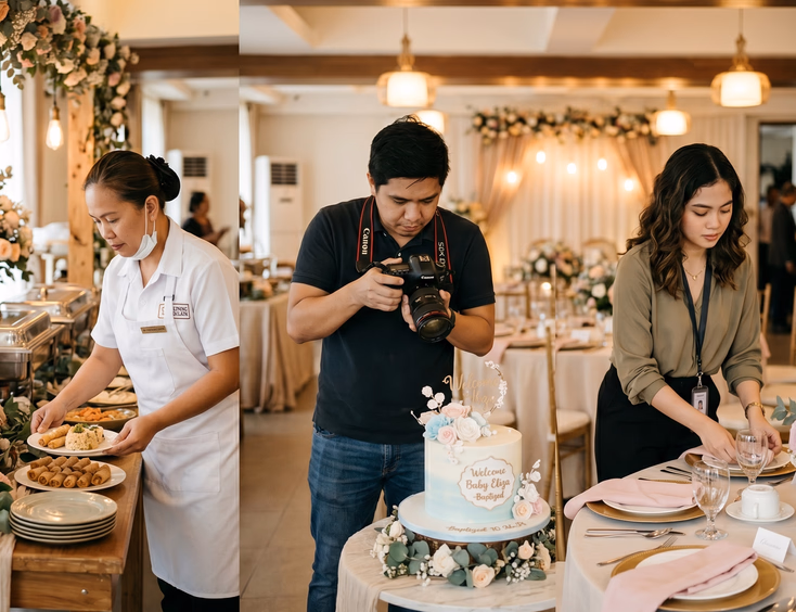 Filipino event vendors, including a photographer and caterer, prepare a beautiful function room setup for an intimate baptism reception.