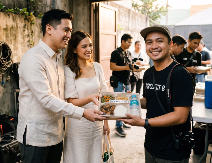 Filipino couple handing a sealed boxed crew meal to a grateful wedding photographer in a venue back area.