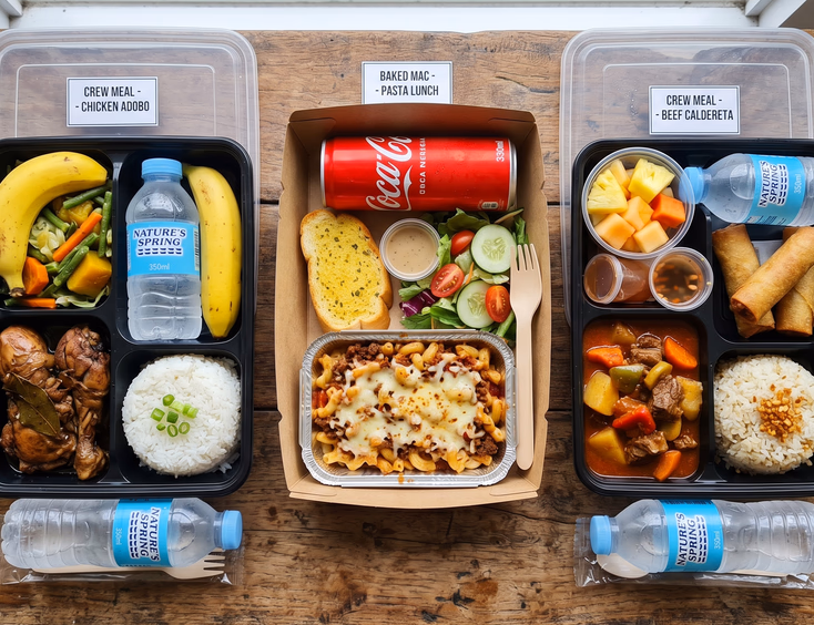 Flat lay photo of three distinct Filipino crew meals: chicken adobo bento, pasta lunch box, and beef caldereta set on a wooden table.