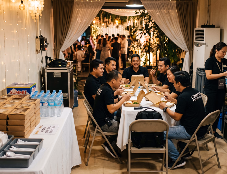 Dedicated back-of-house area for a Filipino wedding crew meal station with stacked boxed meals, seating, and a coordinator.