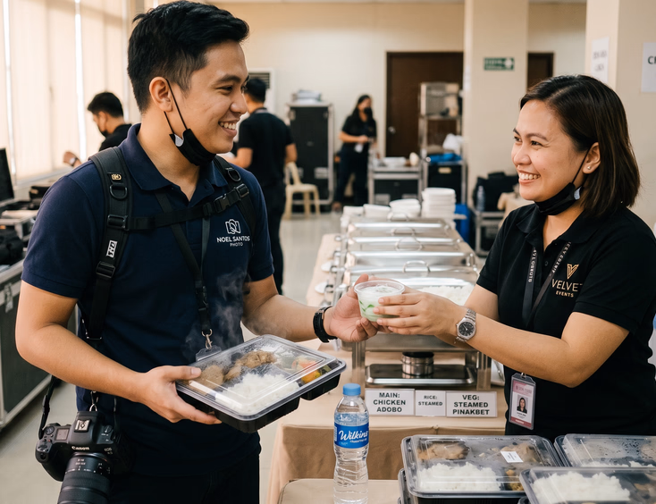 Smiling Filipino wedding photographer holding a sealed bento-style crew meal box and a drink while a coordinator hands him a dessert cup.
