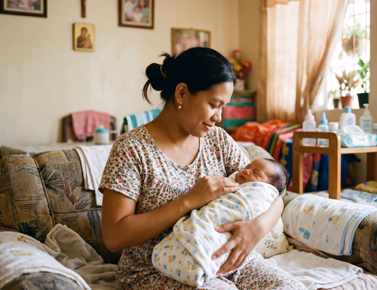 A Filipino mother tenderly cradles her swaddled newborn in a cozy, sunlit home setting with simple blankets for a budget photoshoot.