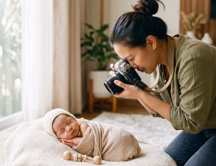 A Filipino photographer conducts an efficient mini session of a sleeping newborn on a soft blanket in bright natural daylight.