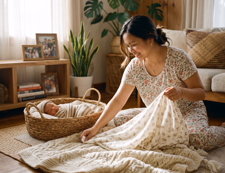 A Filipino mother prepares for a home newborn shoot using personal items like a lola's knit blanket, a muslin swaddle, and a basket.