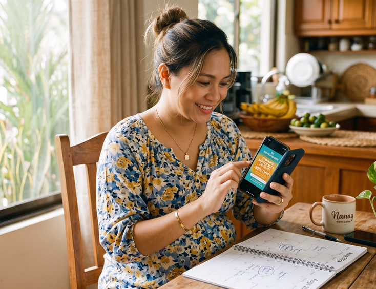 A savvy pregnant Filipino woman reviews a photography promo offer on her phone at a sunlit kitchen table, planning the session.