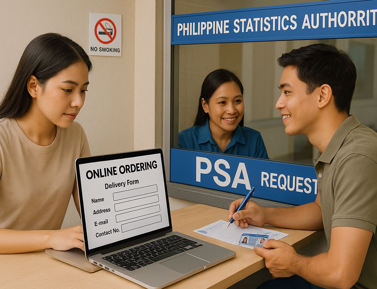 Couple ordering a PSA Marriage Certificate online and at a PSA counter