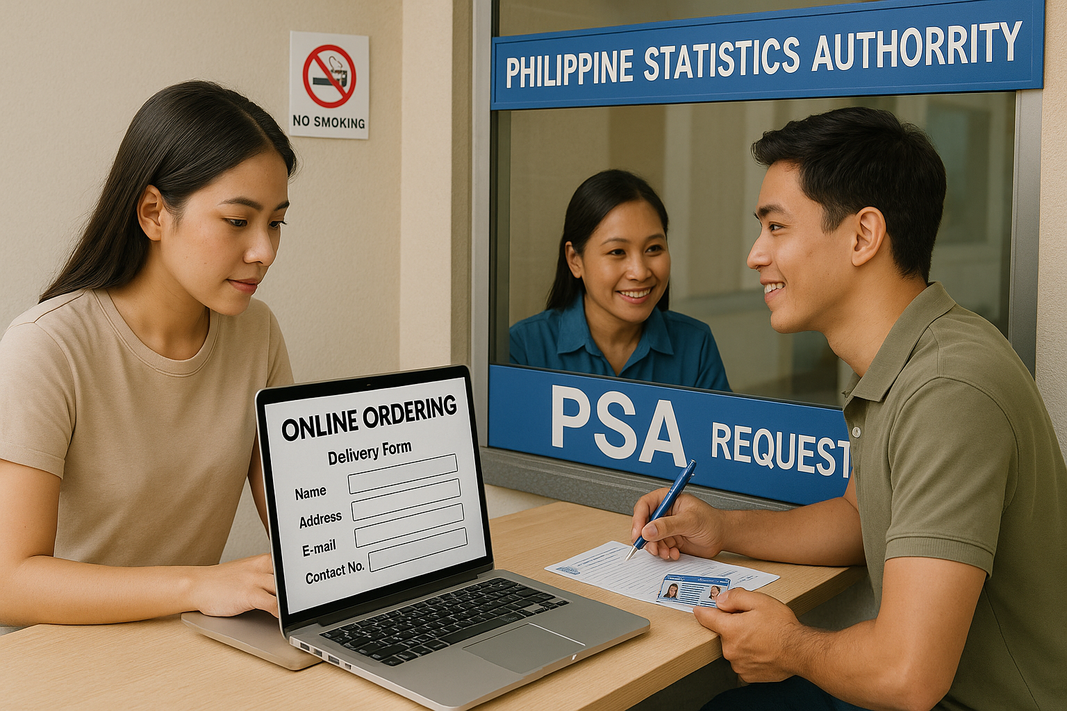 Couple ordering a PSA Marriage Certificate online and at a PSA counter