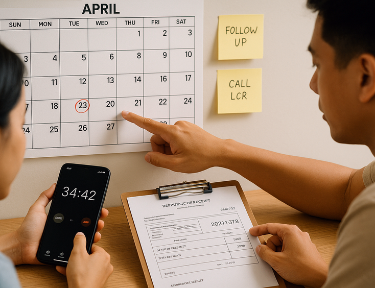 Couple planning around LCR dispatch dates with calendar and reminders