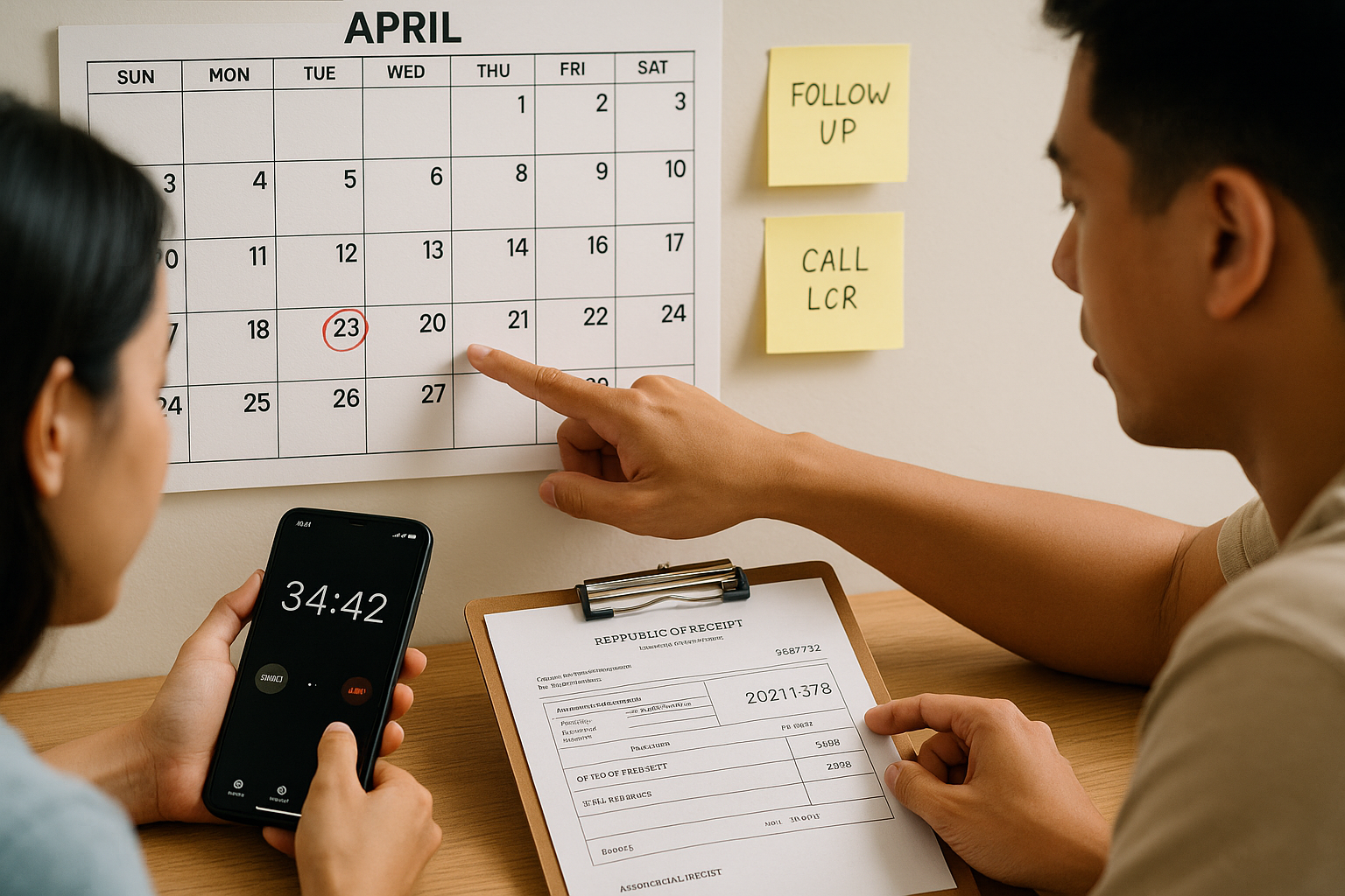 Couple planning around LCR dispatch dates with calendar and reminders