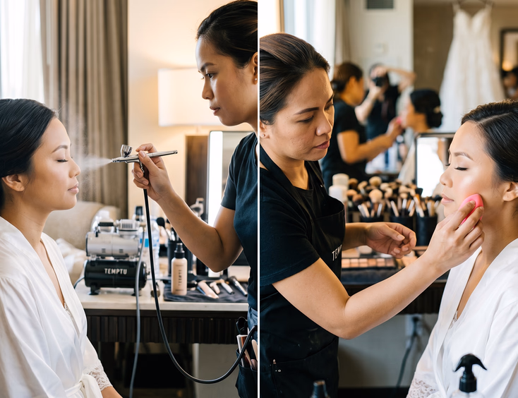 Split close-up of Filipino bride getting airbrush foundation on one cheek and beauty sponge foundation on the other cheek by two HMUAs in a bright hotel prep room