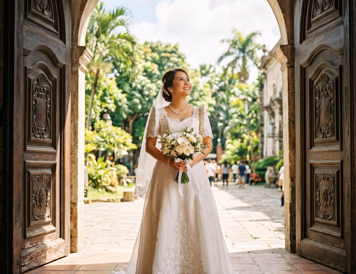 Filipino bride in white wedding gown standing in the doorway of an old Filipino church with fresh intact makeup as warm tropical sunlight pours in from outside