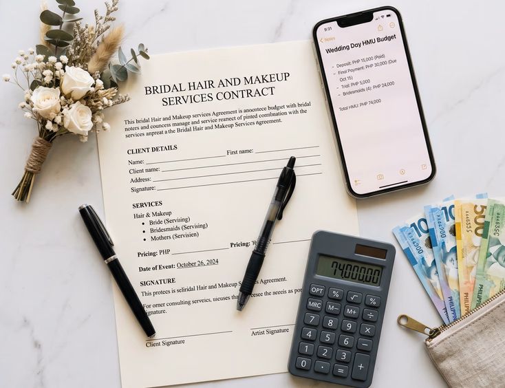 Flat lay of a bridal hair and makeup contract with Philippine peso bills, calculator, pen, smartphone budget notes, and a dried flower boutonniere on a white marble surface