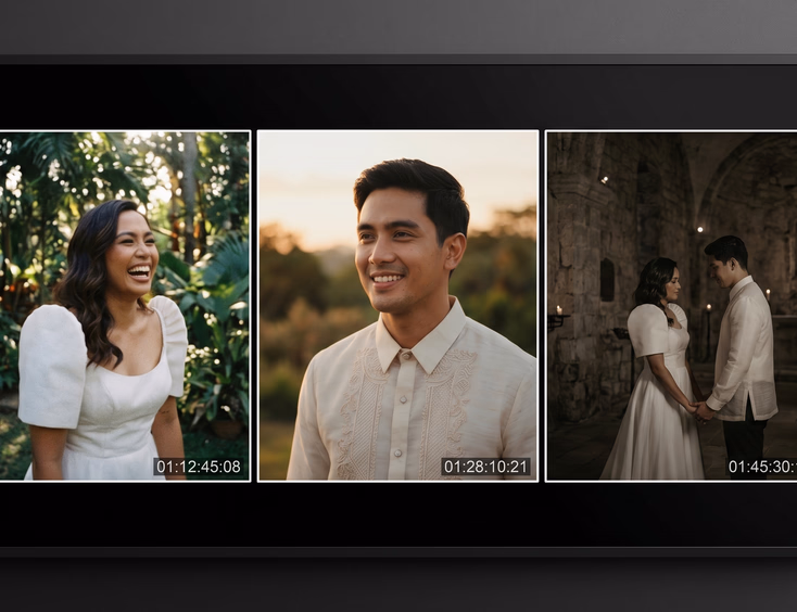 Three Filipino wedding video color grade stills displayed side by side on a cinema screen showing analog Super 8, warm Kodak film, and moody dark desaturated looks in a professional studio presentation.