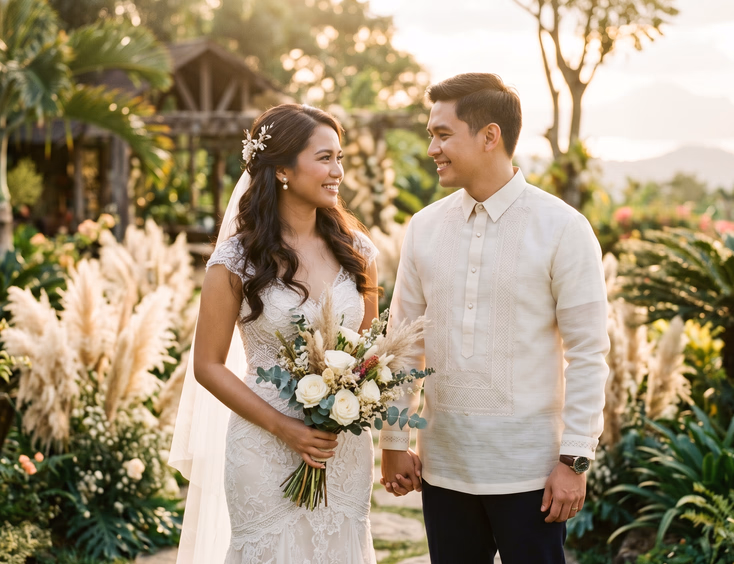 Filipino bride and groom sharing a soft smile together in a sun-drenched Tagaytay garden at golden hour with warm Kodak Portra film tones and lush green foliage in the soft-focus background.