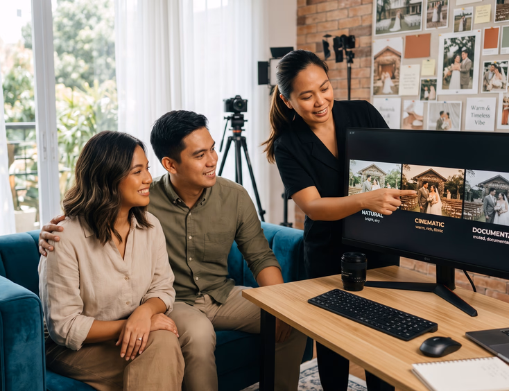 Filipino engaged couple reviewing three wedding video color grades side by side on a studio monitor with their videographer pointing at the screen in a bright Manila videography studio.