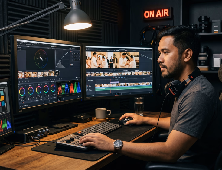Filipino video editor color grading a Filipino wedding video in a dim professional editing suite with two large monitors displaying grading panels and a multi-clip ceremony timeline.