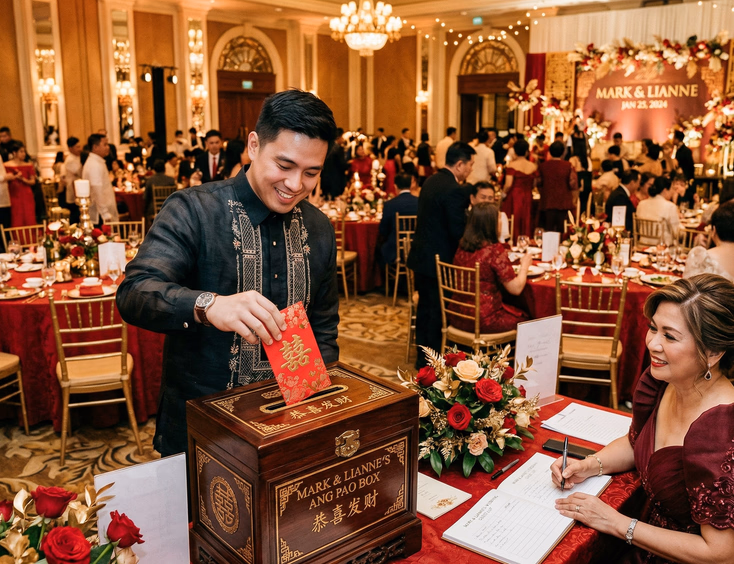 Filipino Chinese wedding guest placing red ornate ang pao envelope into wooden lacquered box at Chinoy wedding reception table in Philippine hotel ballroom with gold decor in background