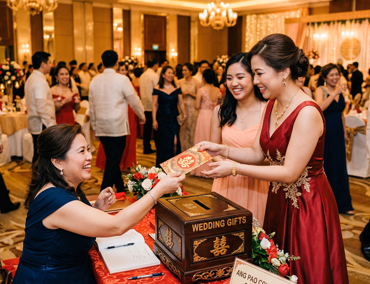 Filipino Chinese woman in red dress handing thick red ang pao envelope to relative at Chinoy wedding reception collection table with lacquered box and guests in barong and evening gowns in background