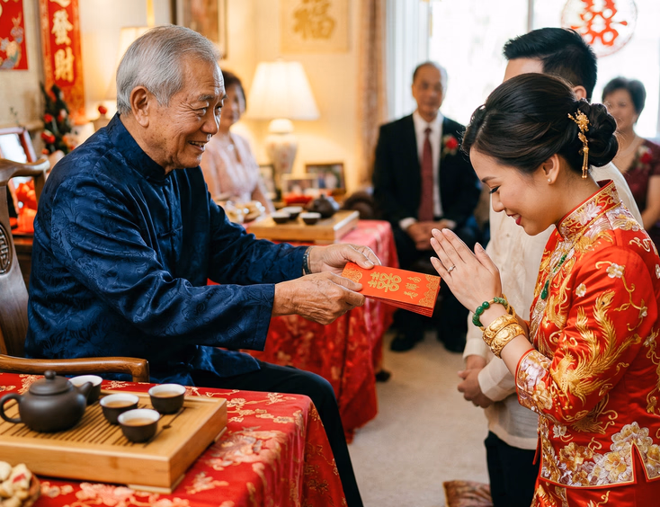 Filipino Chinese elderly man extending red ang pao envelope to kneeling bride in red qipao with both hands at Chinoy tea ceremony table with porcelain tea set and gold jewelry visible