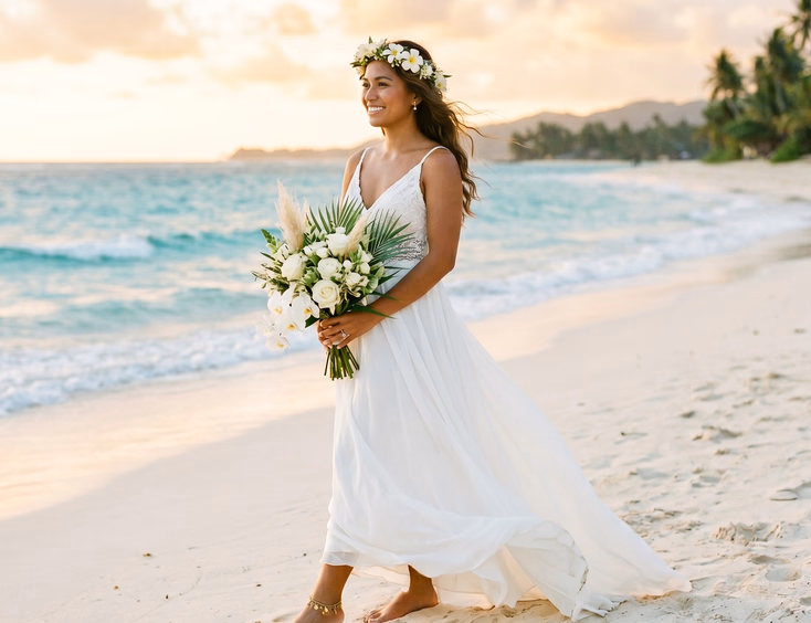 Filipino bride in flowy white beach wedding dress wearing gold ankle chain standing barefoot on white sand with turquoise ocean, golden hour sunlight, editorial beach wedding photography