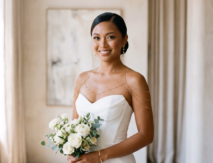 Filipino bride in strapless white wedding gown wearing delicate gold shoulder chain draped across collarbones, modern minimalist venue with warm diffused lighting, editorial bridal fashion photography