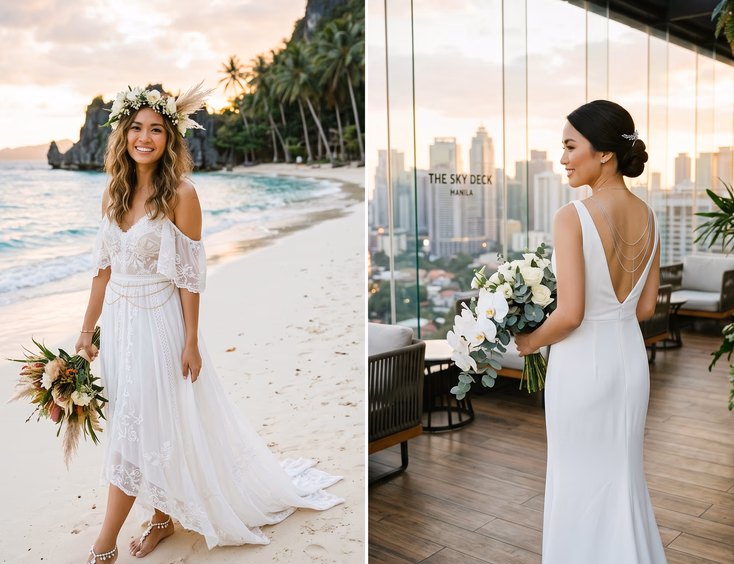 Split scene of two Filipino brides, one on tropical beach in bohemian dress with pearl barefoot sandals and waist chain, one on Manila rooftop in minimalist sheath gown with silver back necklace, editorial wedding photography