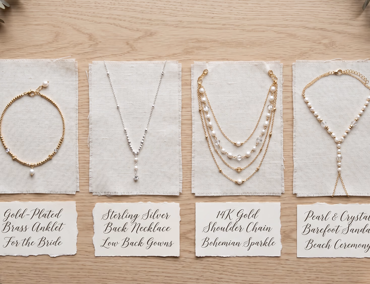 Flat lay of four bridal body jewelry pieces on light wooden table including gold anklet, silver back necklace, gold shoulder chain, and pearl barefoot sandal with handwritten label cards, clean product photography