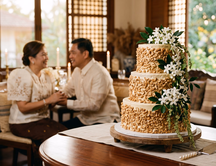 Three-tier sans rival anniversary cake decorated with sampaguita flowers on a wooden table.