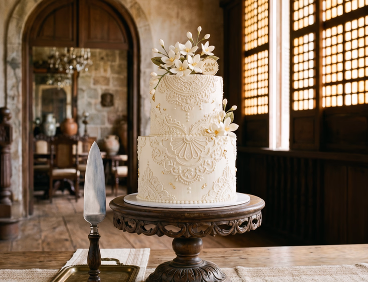 Two-tier heritage-inspired Filipino anniversary cake with capiz shell patterns on a narra pedestal.