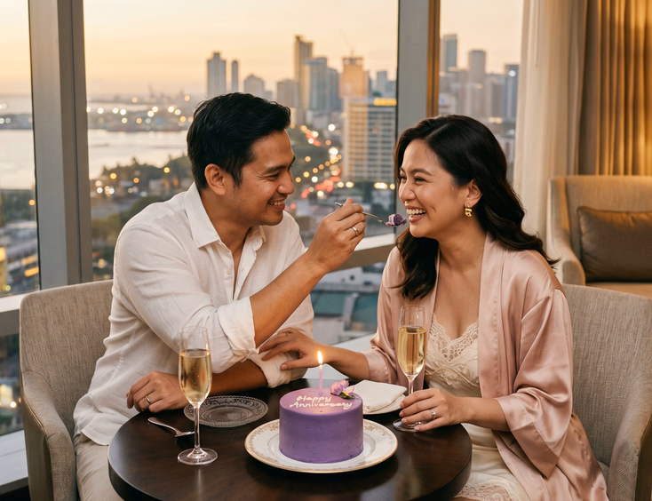 Filipino couple sharing an ube anniversary cake in a hotel room with a Manila skyline view.