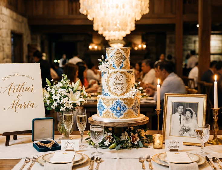 Filipino anniversary celebration table with a three-tier heritage cake, vintage photo, and flowers.