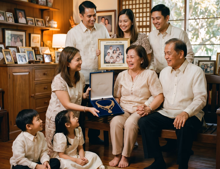 Adult Filipino children presenting their elderly parents with an antique gold tamburin necklace inside a warmly lit family home for their anniversary.