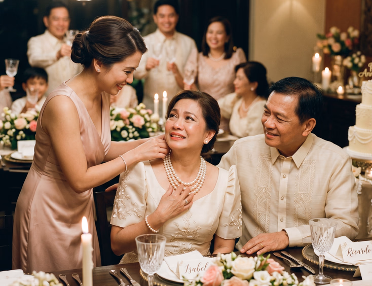 Adult daughter clasping a South Sea pearl necklace on her mother during an intimate Filipino pearl anniversary celebration dinner.