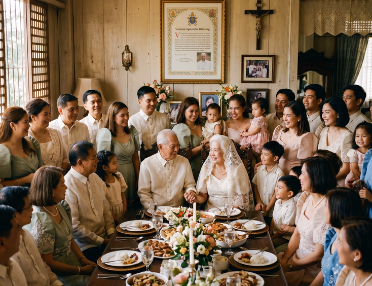 Elderly Filipino couple celebrating their 70th wedding anniversary surrounded by four generations of family in their ancestral home.