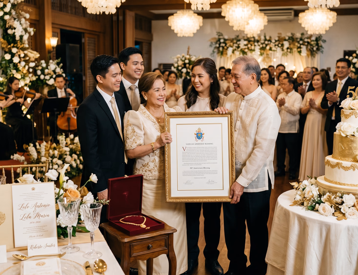 Filipino couple in their 70s being presented with a framed Vatican apostolic blessing during their golden wedding anniversary reception.