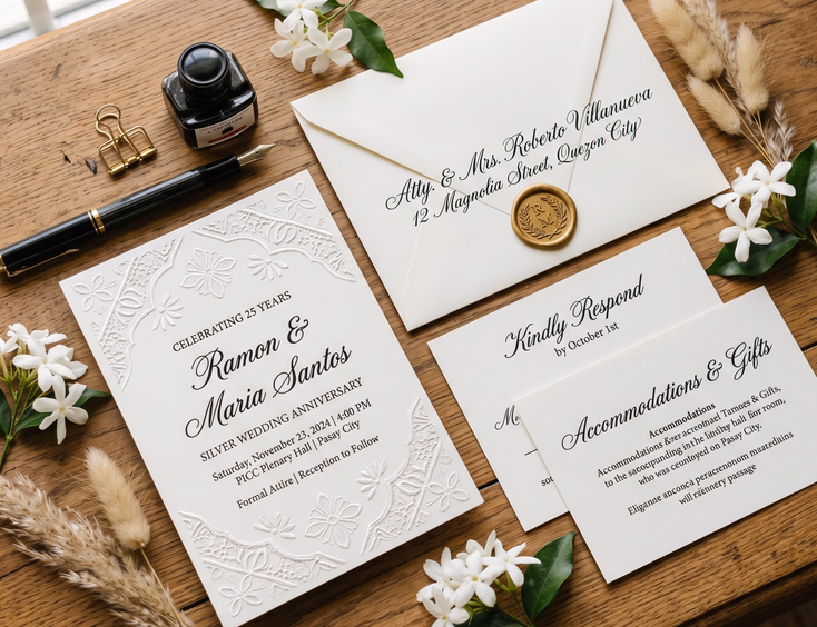 Flat lay of elegant letterpress Filipino anniversary invitation suite on a wooden table.