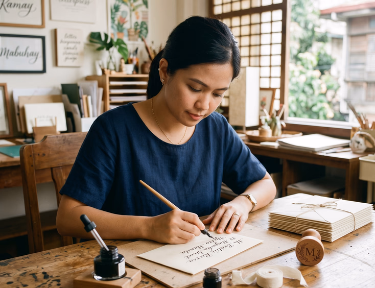 Filipino calligrapher writing an anniversary invitation envelope in a sunlit Manila studio.