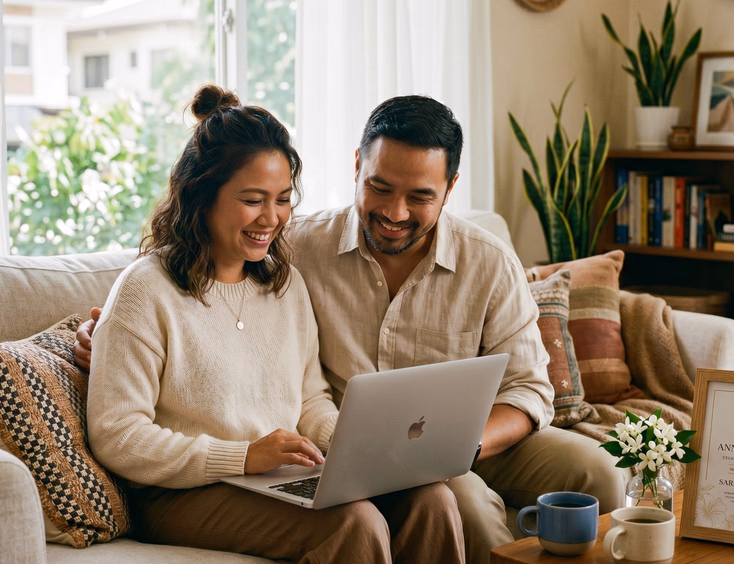 Filipino couple viewing their digital anniversary invitation on a laptop at home in Manila.