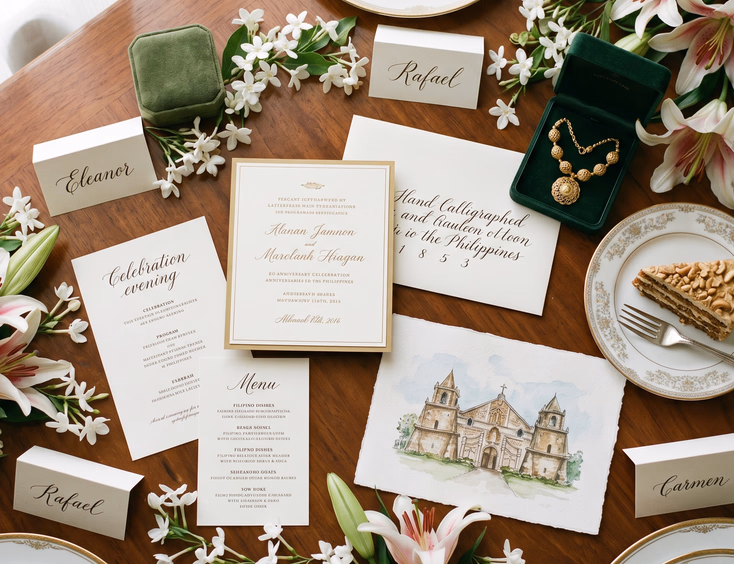 Wide overhead flat lay of Filipino anniversary stationery and celebration elements on a wooden table.