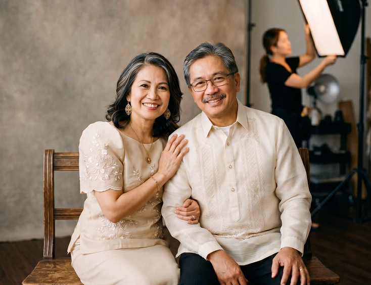 Filipino couple in their 50s wearing modern Filipiniana and barong tagalog for a studio portrait.