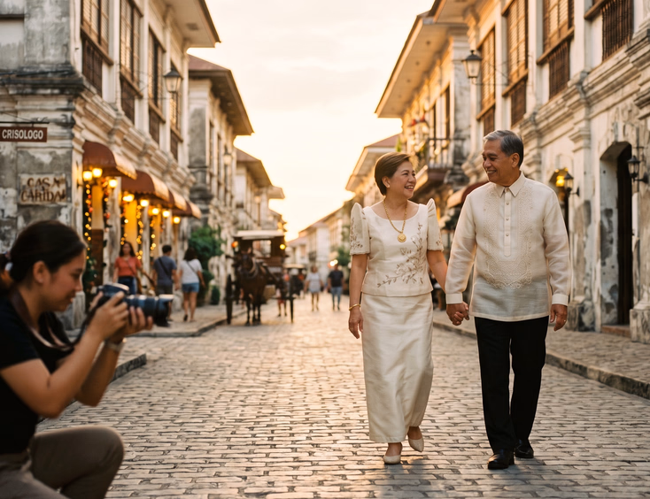 Filipino couple in heritage attire walking along Calle Crisologo in Vigan for an anniversary photoshoot.