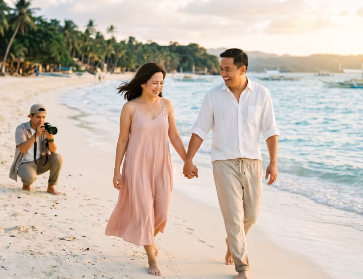 Filipino couple holding hands and walking barefoot on Boracay beach during a golden hour anniversary shoot.