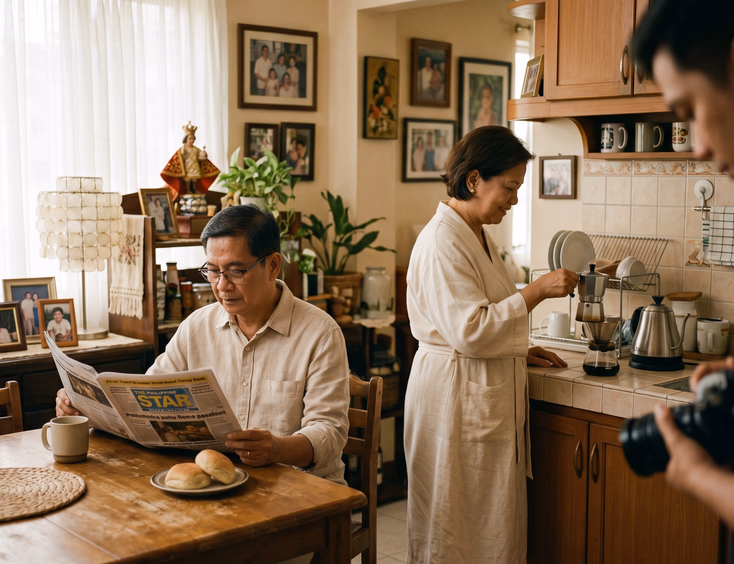 Filipino couple in their late 50s sharing a candid morning at home during a documentary anniversary photoshoot.