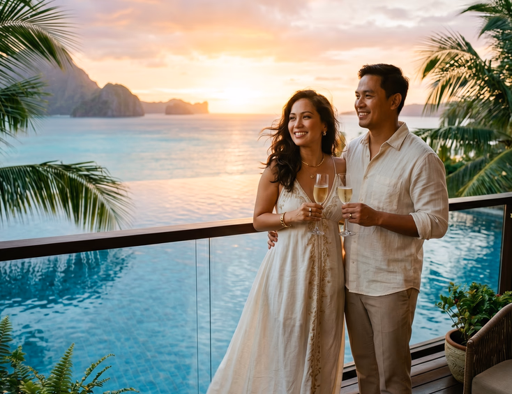 A Filipino couple enjoys champagne on a luxury resort balcony at sunset.
