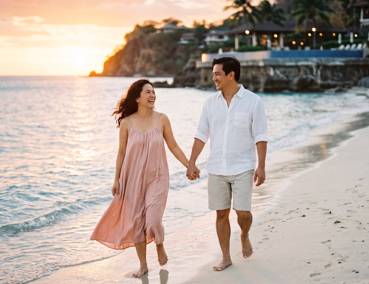 A Filipino couple walks barefoot on a beach in Batangas at golden hour, laughing.