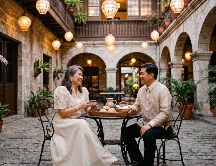 A Filipino couple in modern Filipiniana and barong sits in a Vigan heritage hotel courtyard.