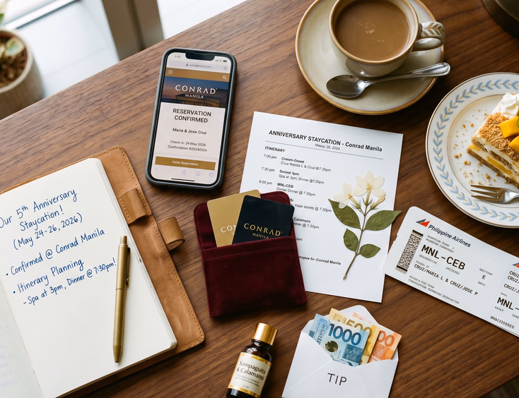 An overhead flat lay shows travel planning items for an anniversary staycation.