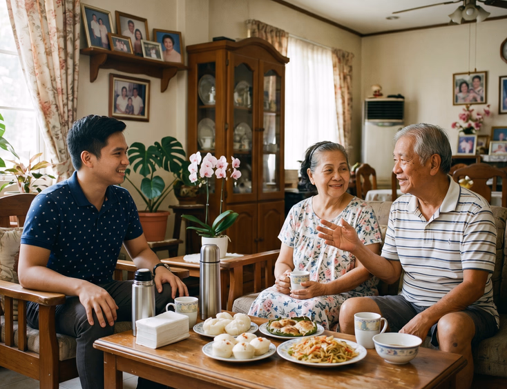 A young Filipino man sits respectfully with an older couple in a warm living room, sharing sincere conversation and merienda snacks.