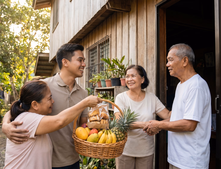 A young Filipino man arrives at a family home carrying a fruit basket and pastries as pasalubong, greeted warmly at the door.