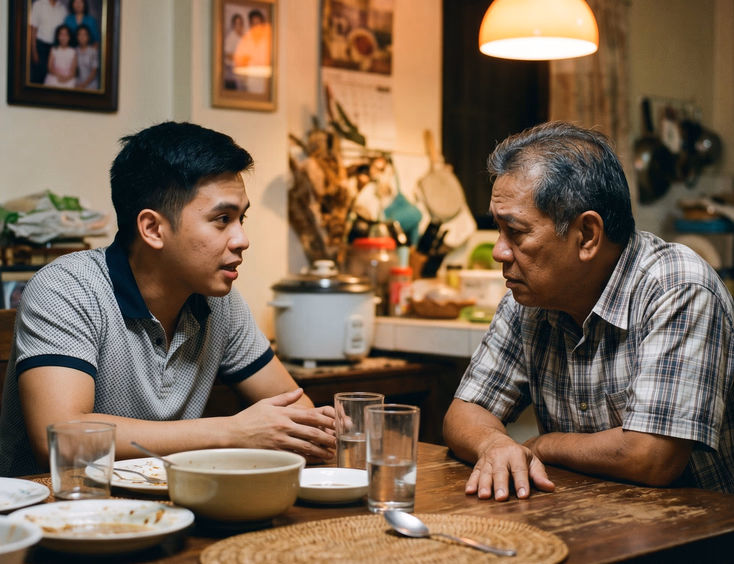 A young Filipino man speaks earnestly with an older Filipino father across a dining table during a serious, heartfelt conversation.